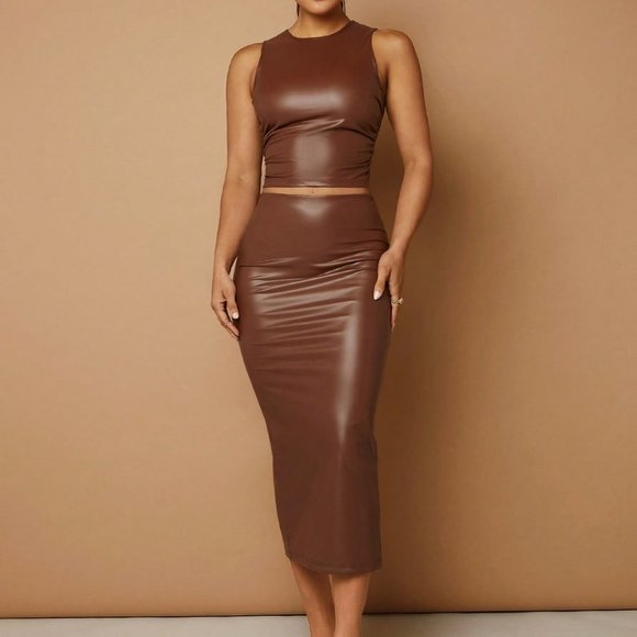 Brown Casual Womens Solid PU Leather Tank Top & Pencil Skirt - Picture 4 of 6
